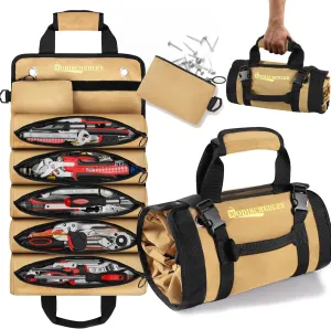 Tool Roll Bag, Expanded 5 Compartments and 2 Removable Tool Bags, Portable Tool Bag for Electricians and Mechanics, Compact Small Automotive Tool Bag, brown