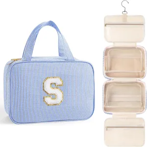 TOPEAST Travel Toiletry Bag Makeup Bag - Hanging Toiletry Bag for Women, Portable Toiletries Travel Bag and Cosmetic Bag, Airplane Travel Essentials Travel Toiletry Bag - Letter S, Blue