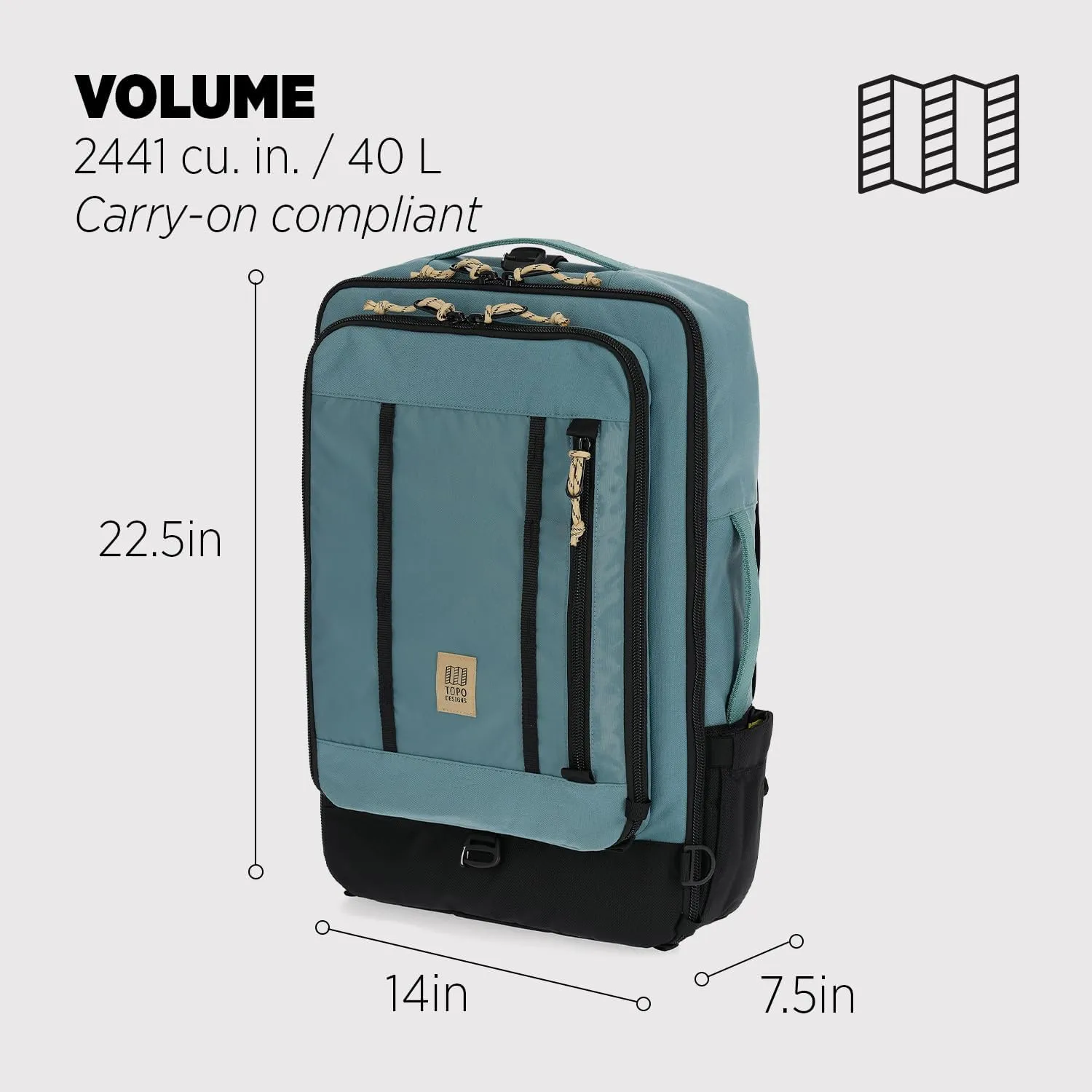 Topo Designs Global Travel Bag 30-40 Liter - Carry-on Compliant Versatile Pack, 3 Carry Options, External Laptop Sleeve (Original, 40L, Pine)