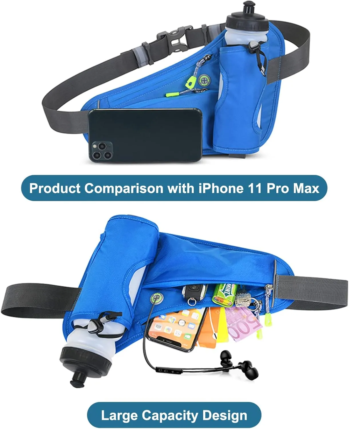 TopTie Fanny Pack with Water Bottle Holder, Reflective Strip Unisex Waist Bag for Running, Workout, Travel, Hiking (Without Bottle)