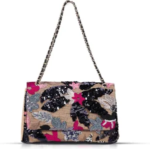 Tote Bag for Women, Beach Bag, Handmade Sequin Embroidery Straw Bag Bohemian Handbag Large Capacity Shoulder Bag Suitable for Vacation, Travel, Daily, Banquet(Black Flower)
