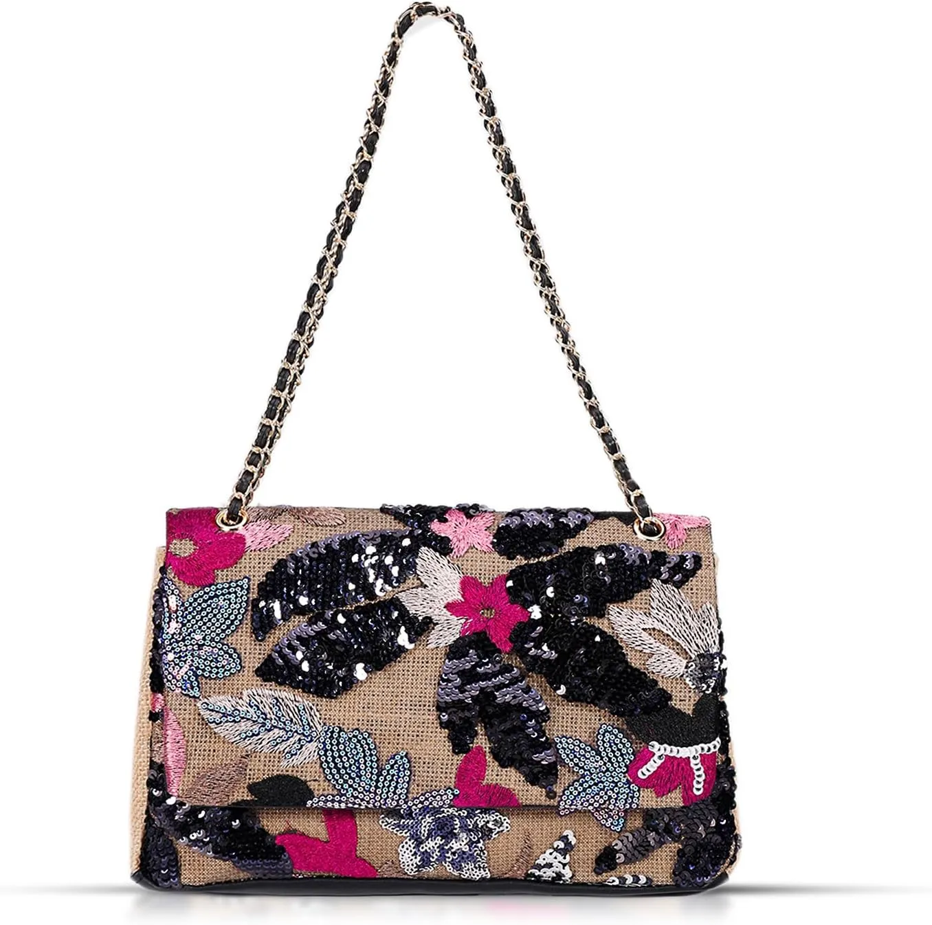 Tote Bag for Women, Beach Bag, Handmade Sequin Embroidery Straw Bag Bohemian Handbag Large Capacity Shoulder Bag Suitable for Vacation, Travel, Daily, Banquet(Black Flower)