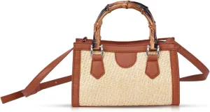 Tote Bag for Women, Beach Bag, Patchwork Leather and Bamboo Handles, Summer Handbag Suitable for Travel Vacation Work Daily Matching（S）