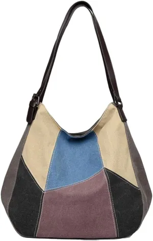 Tote Bag for Women Large Capacity Shoulder Bag Canvas Patchwork Design Tote Bag with Adjustable Strap