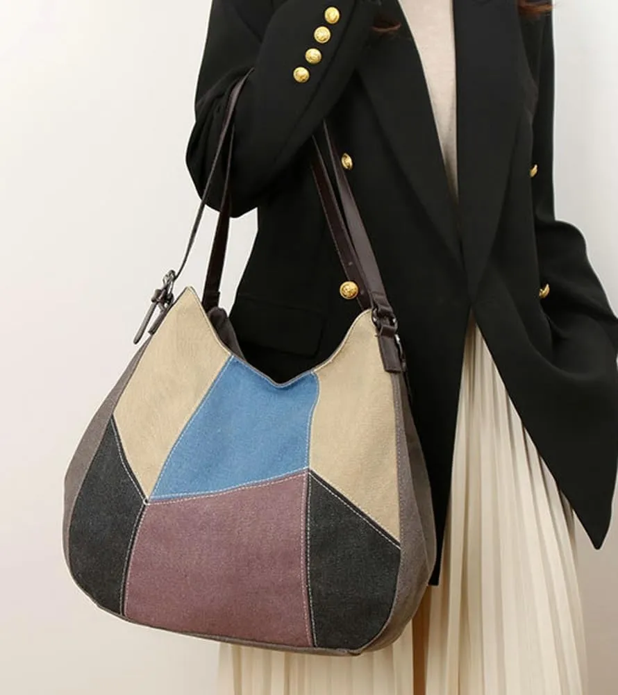 Tote Bag for Women Large Capacity Shoulder Bag Canvas Patchwork Design Tote Bag with Adjustable Strap