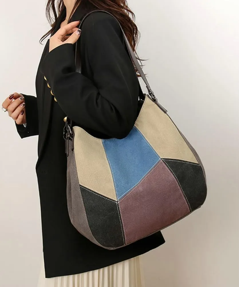 Tote Bag for Women Large Capacity Shoulder Bag Canvas Patchwork Design Tote Bag with Adjustable Strap