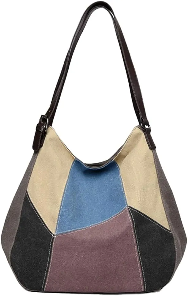 Tote Bag for Women Large Capacity Shoulder Bag Canvas Patchwork Design Tote Bag with Adjustable Strap