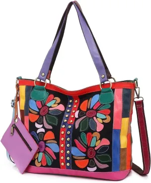 Tote Bag for Women Leather Large with Zipper - Shoulder bag, Purse with Floral