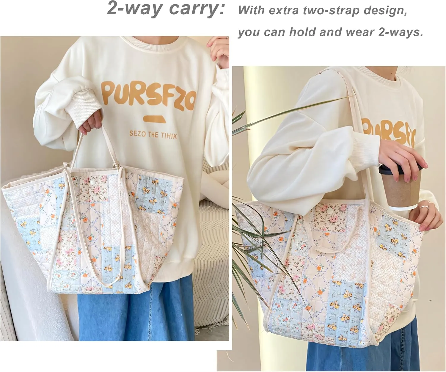 Tote Bag for Women with Pattern Cute Travel Reusable Grocery Shopping Bag for Work Beach Travel and Shopping Grocer,Gifts (Floral Patchwork)