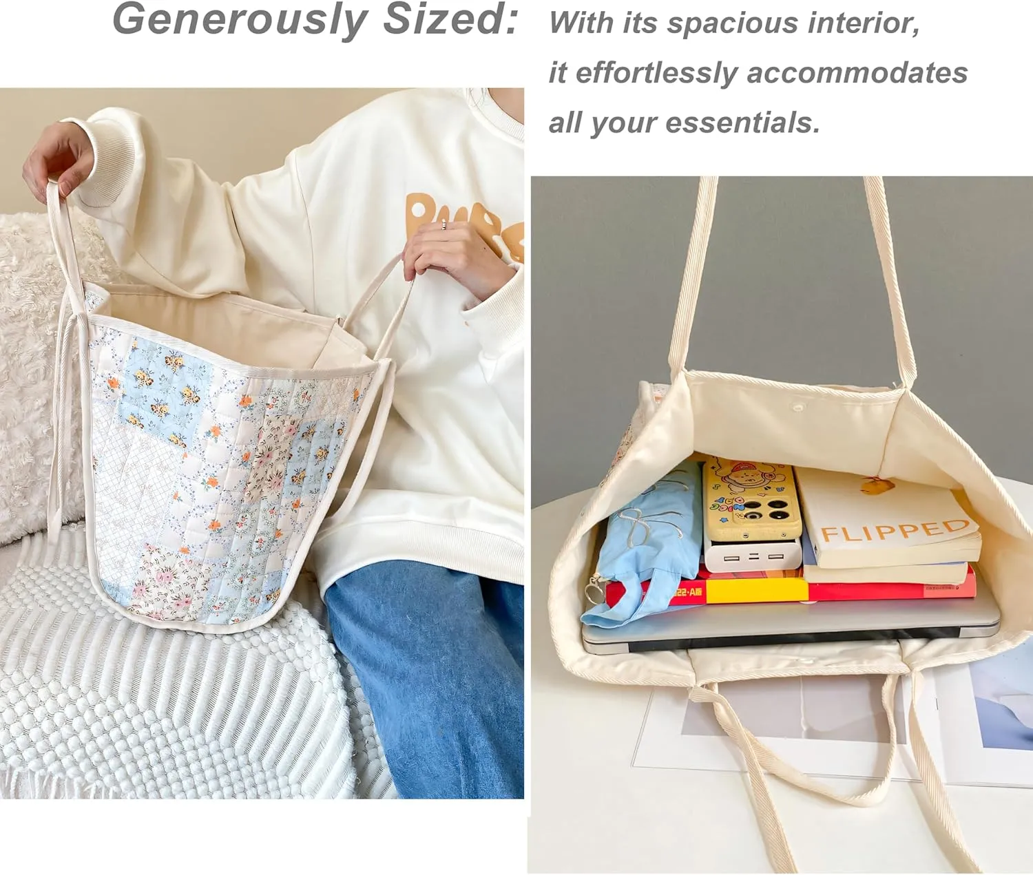 Tote Bag for Women with Pattern Cute Travel Reusable Grocery Shopping Bag for Work Beach Travel and Shopping Grocer,Gifts (Floral Patchwork)