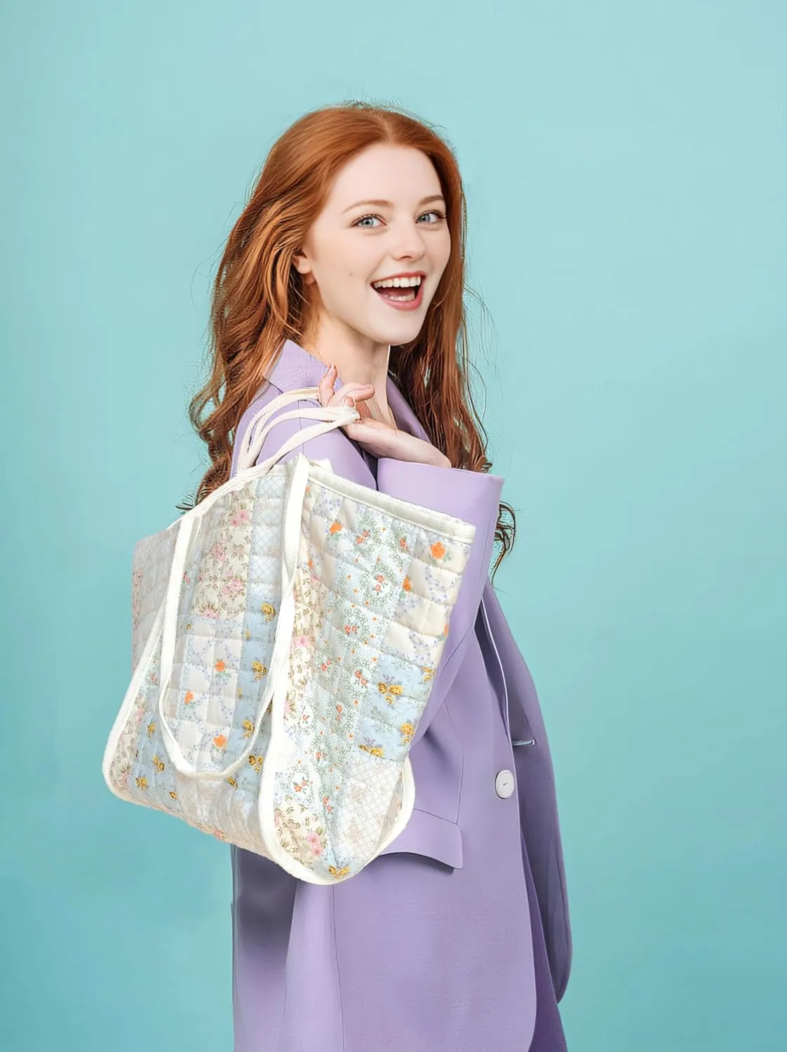 Tote Bag for Women with Pattern Cute Travel Reusable Grocery Shopping Bag for Work Beach Travel and Shopping Grocer,Gifts (Floral Patchwork)