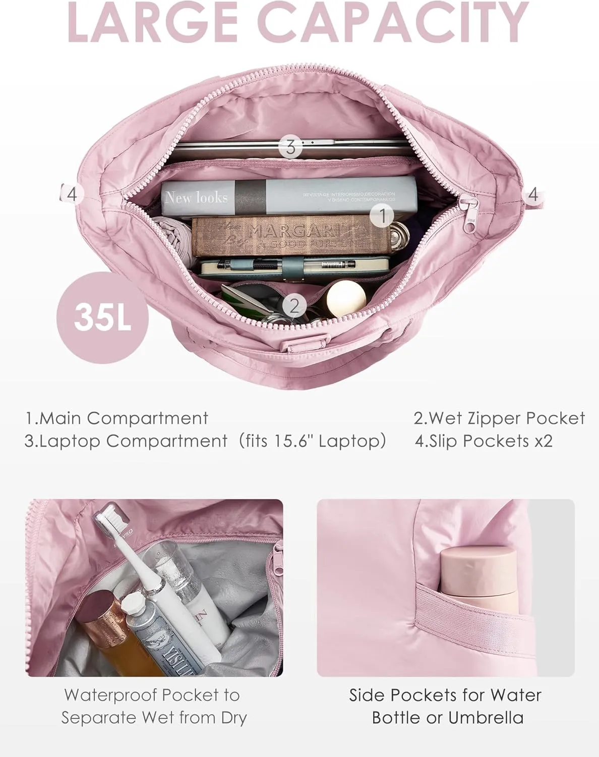 Tote Bag for Women,Puffer Work Bags with Zipper Compartments, Expandable Handbag for Travel Work Sport