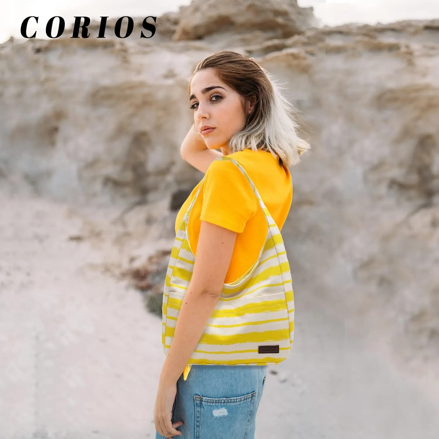 Tote Bag Women Striped Canvas Handbag Casual Top Handle Bag Large Capacity Shoulder Bag