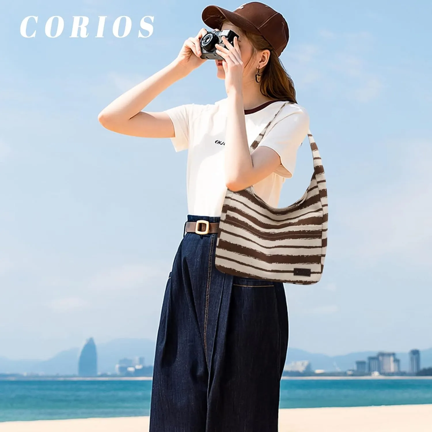 Tote Bag Women Striped Canvas Handbag Casual Top Handle Bag Large Capacity Shoulder Bag