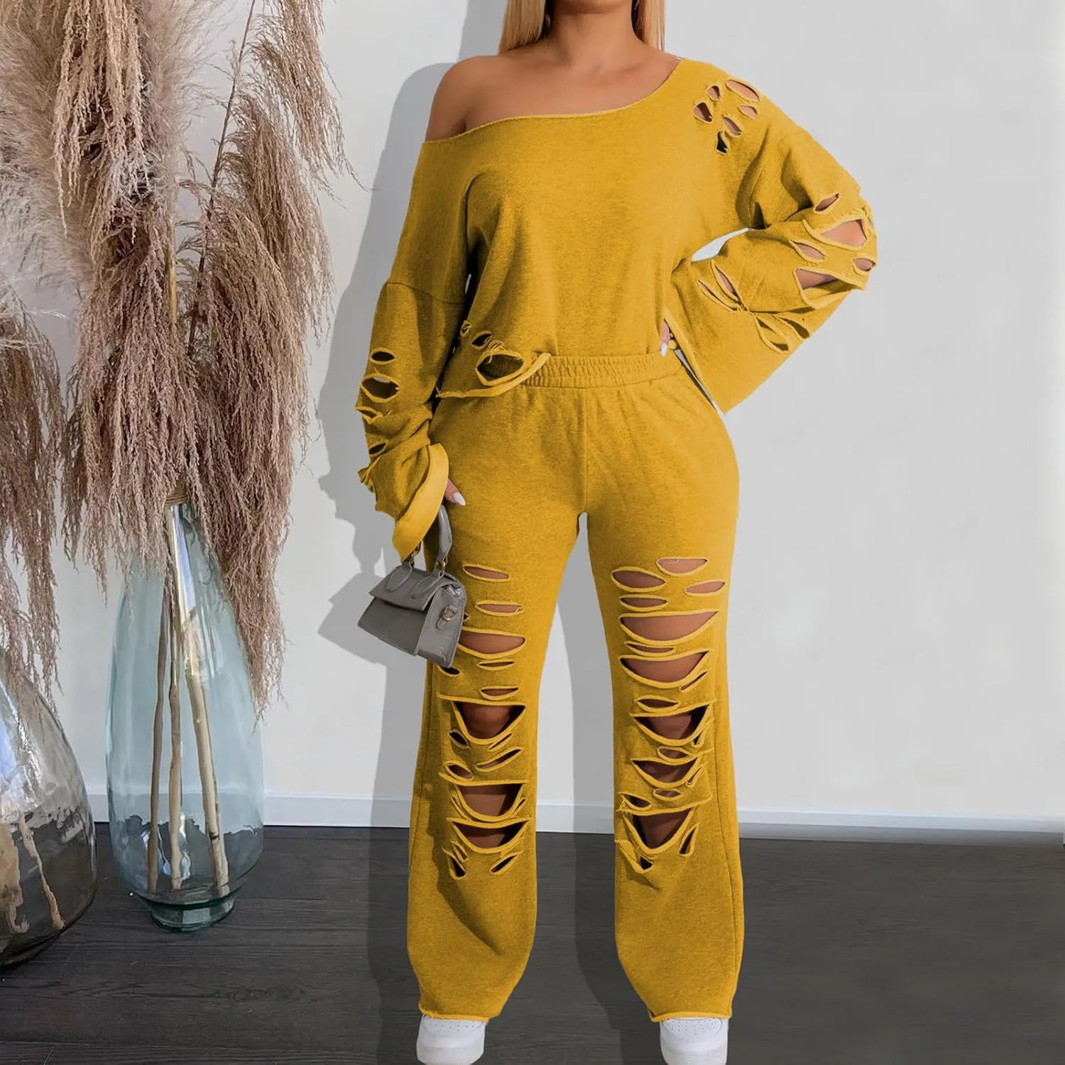 Tracksuit for Women Trendy Ripped 2 Piece Outfits Off Shoulder Pullover Tops and Wide Leg Pants Loose Lounge Sets