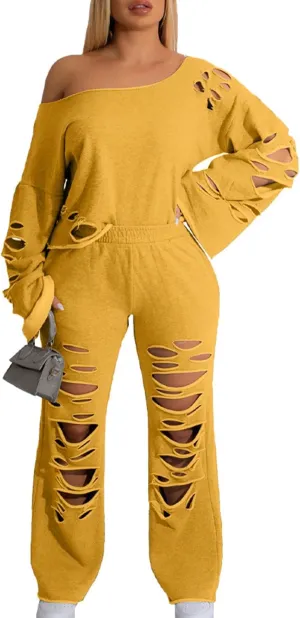 Tracksuit for Women Trendy Ripped 2 Piece Outfits Off Shoulder Pullover Tops and Wide Leg Pants Loose Lounge Sets
