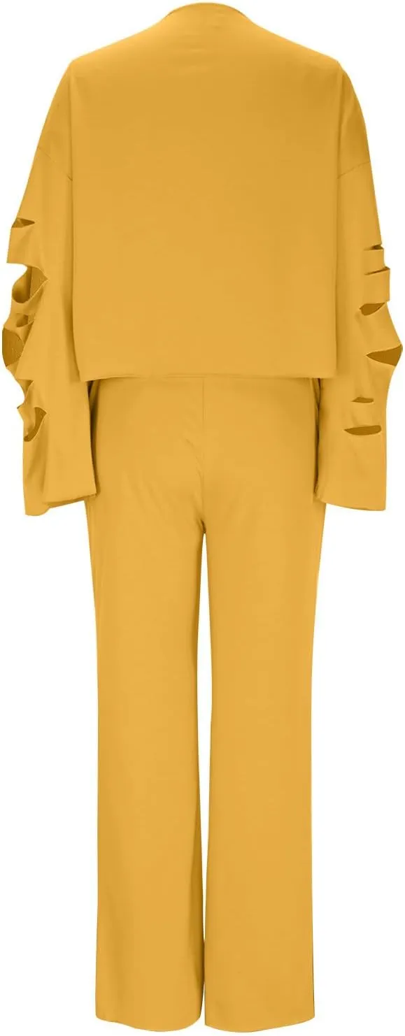 Tracksuit for Women Trendy Ripped 2 Piece Outfits Off Shoulder Pullover Tops and Wide Leg Pants Loose Lounge Sets