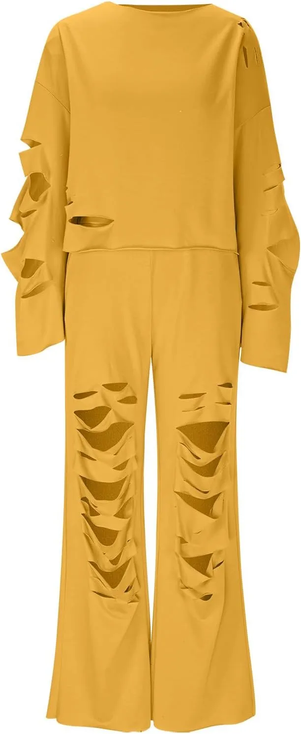 Tracksuit for Women Trendy Ripped 2 Piece Outfits Off Shoulder Pullover Tops and Wide Leg Pants Loose Lounge Sets