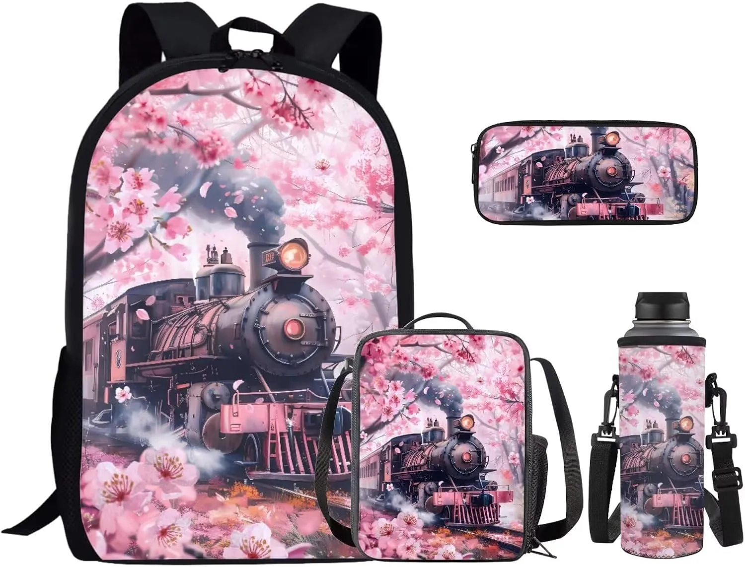 Train School Bags for Girls Backpack 10-12 Years Old Cute Backpacks for Teen Girls Kids Bookbags with Lunch Box Pencil Case and Water Bottle Sleeve Casual Daypack Rucksack for Hiking