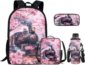 Train School Bags for Girls Backpack 10-12 Years Old Cute Backpacks for Teen Girls Kids Bookbags with Lunch Box Pencil Case and Water Bottle Sleeve Casual Daypack Rucksack for Hiking