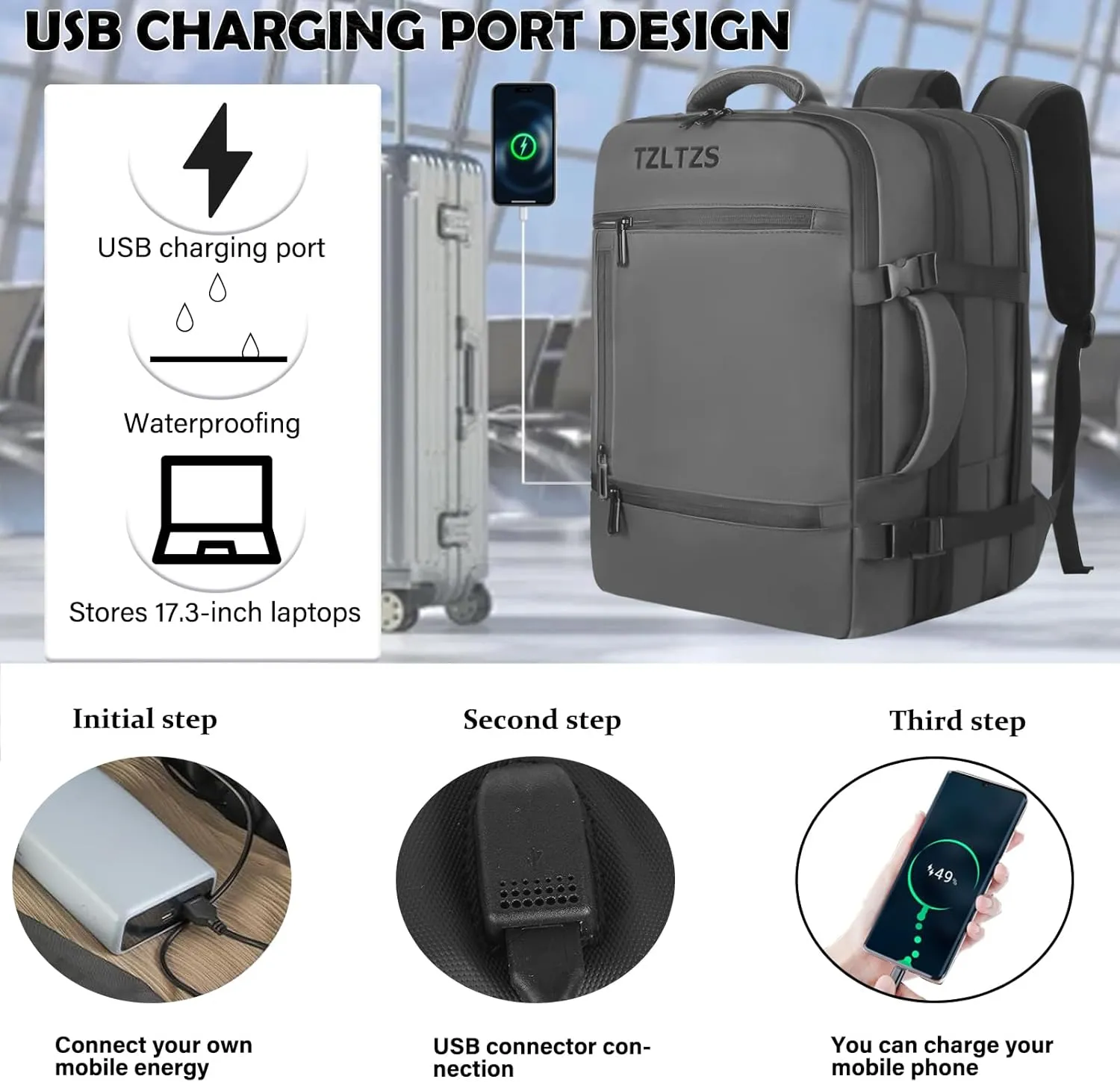Travel Backpack, Carry On Backpack Airline Approved,Extra Large Expandable Waterproof, 17.3inch Laptop Backpack USB Charging Port, Business College Rucksack Backpack Gifts for Men Women (Gray)
