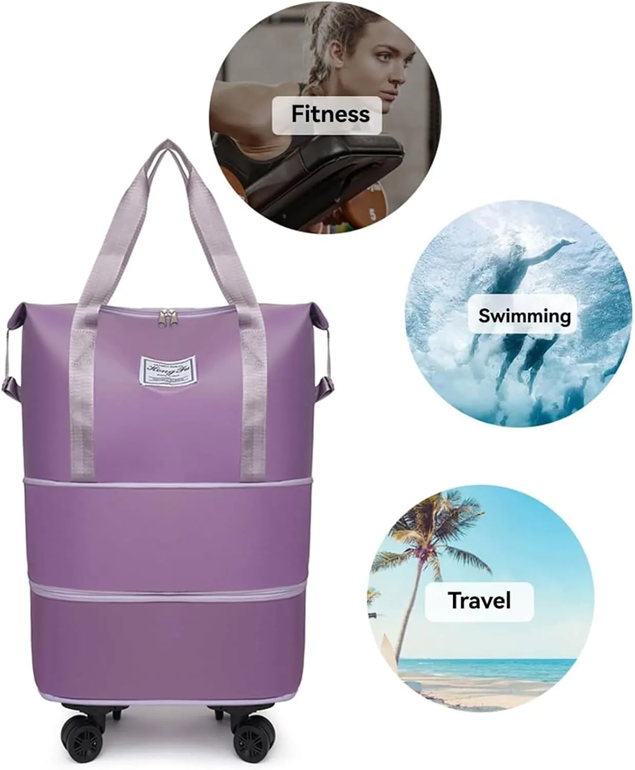 Travel Bag with Wheels - Expandable Foldie Wheeled Duffel 28-58L, Spinner Wheels, Waterproof - Perfect Carry On Luggage for Weekend Trips, Gym, Camping (Purple)