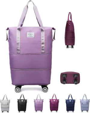 Travel Bag with Wheels - Expandable Foldie Wheeled Duffel 28-58L, Spinner Wheels, Waterproof - Perfect Carry On Luggage for Weekend Trips, Gym, Camping (Purple)