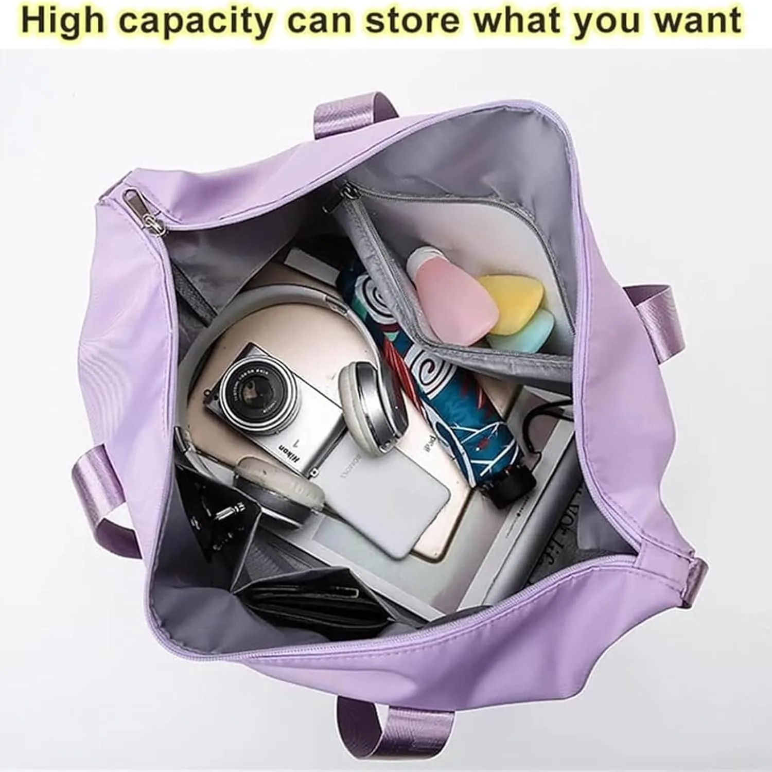 Travel Bag with Wheels - Expandable Foldie Wheeled Duffel 28-58L, Spinner Wheels, Waterproof - Perfect Carry On Luggage for Weekend Trips, Gym, Camping (Purple)
