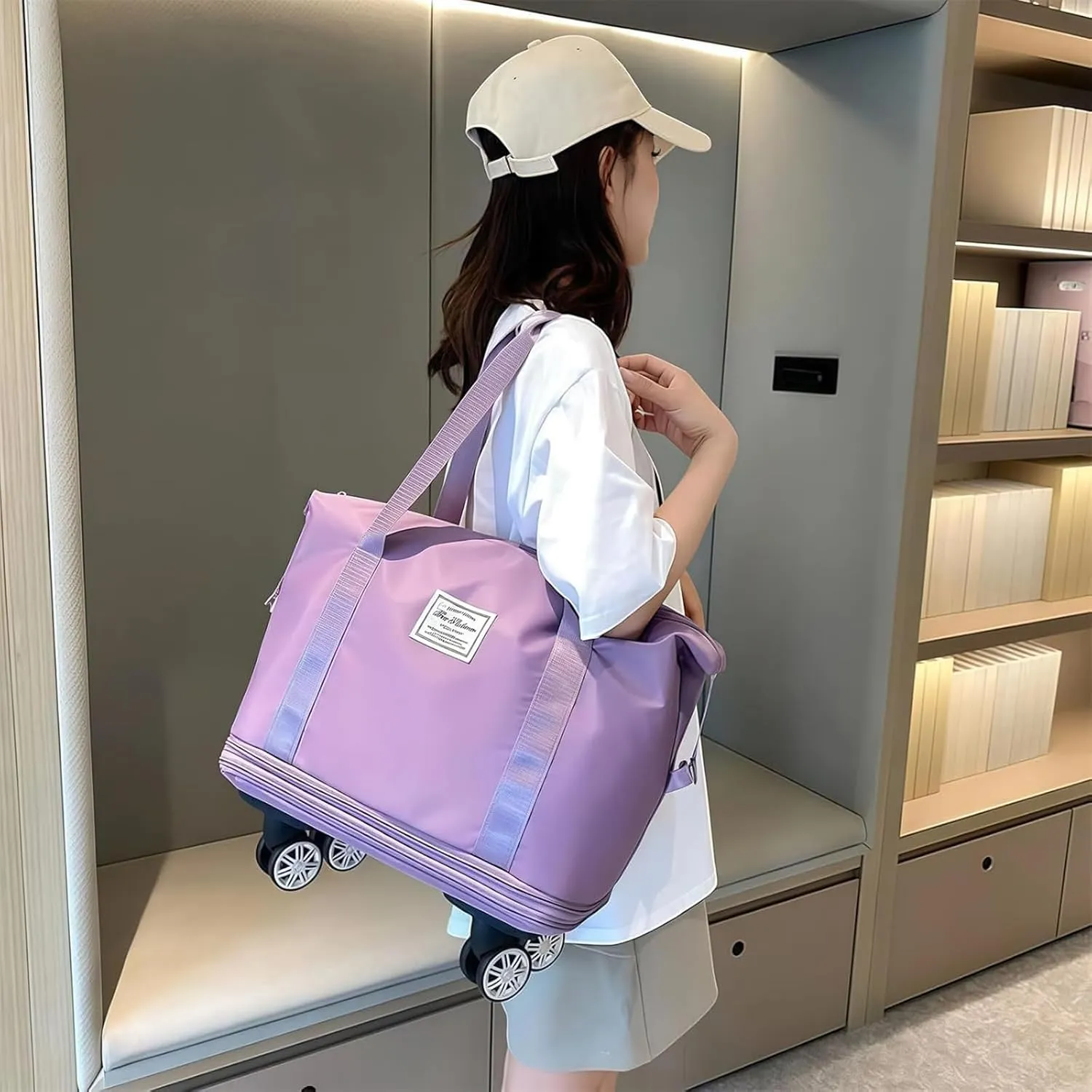 Travel Bag with Wheels - Expandable Foldie Wheeled Duffel 28-58L, Spinner Wheels, Waterproof - Perfect Carry On Luggage for Weekend Trips, Gym, Camping (Purple)
