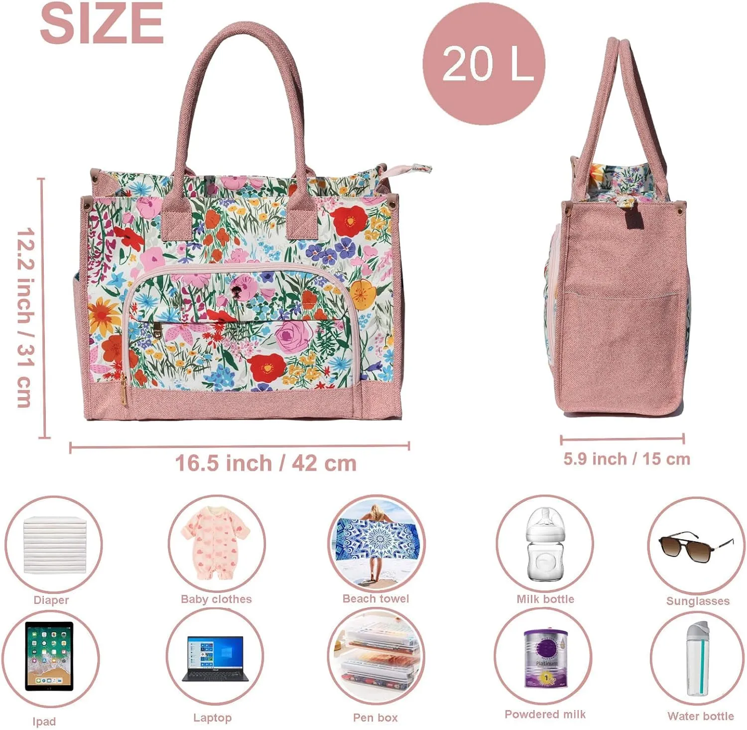 Travel Diaper Tote Bag, with 2 Insulated Pouches Utility Tote Travel Diaper Bag for Parenting & Work Nurse Teacher Use