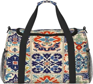 Travel Duffel Bag For Men Women, Ethnic Ceramic Tile Colorful Patchwork Vintage Carry On Sport Gym Bag With Shoulder Strap Lightweight Waterproof Weekender Bag Overnight Bag
