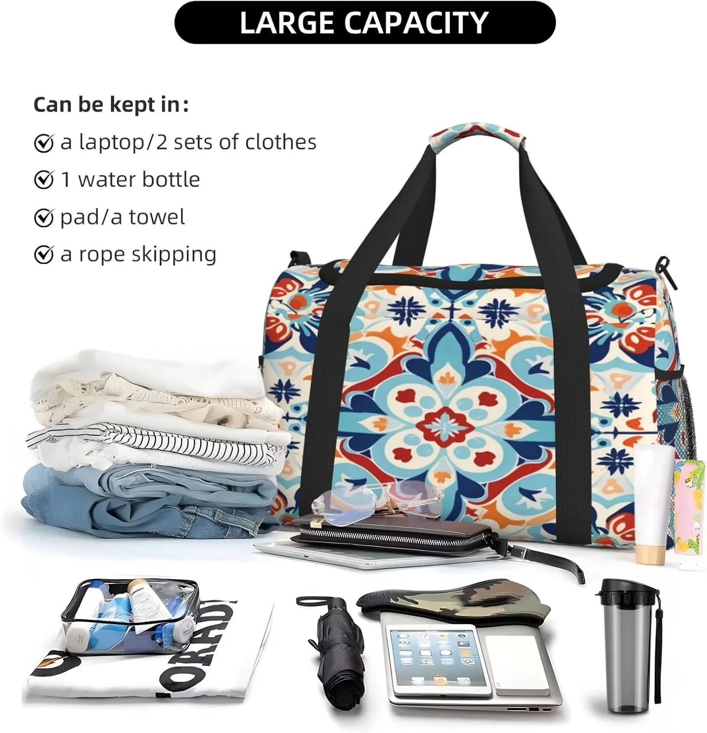 Travel Duffel Bag For Men Women, Ethnic Ceramic Tile Mandala Patchwork Carry On Sport Gym Bag With Shoulder Strap Lightweight Waterproof Weekender Bag Overnight Bag