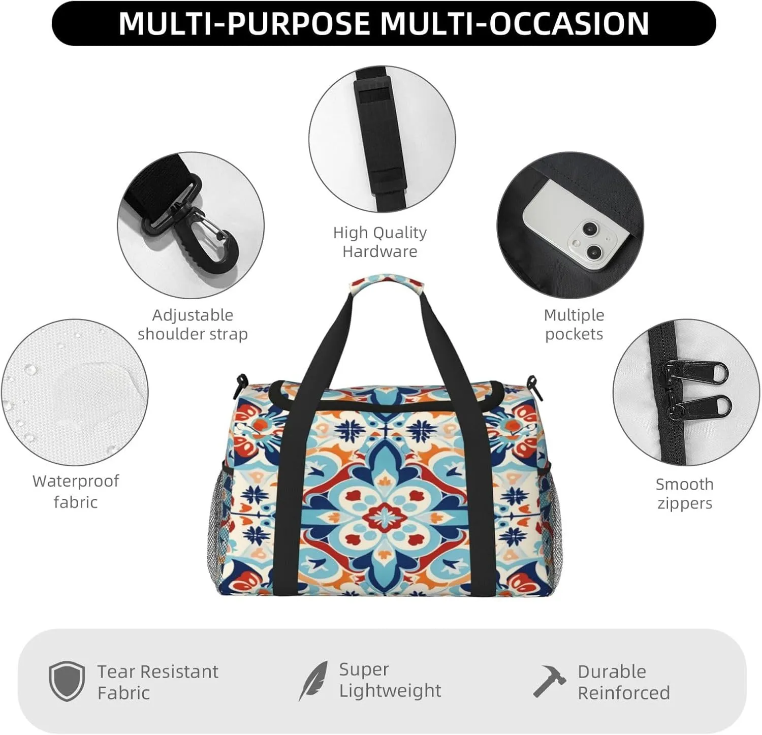 Travel Duffel Bag For Men Women, Ethnic Ceramic Tile Mandala Patchwork Carry On Sport Gym Bag With Shoulder Strap Lightweight Waterproof Weekender Bag Overnight Bag