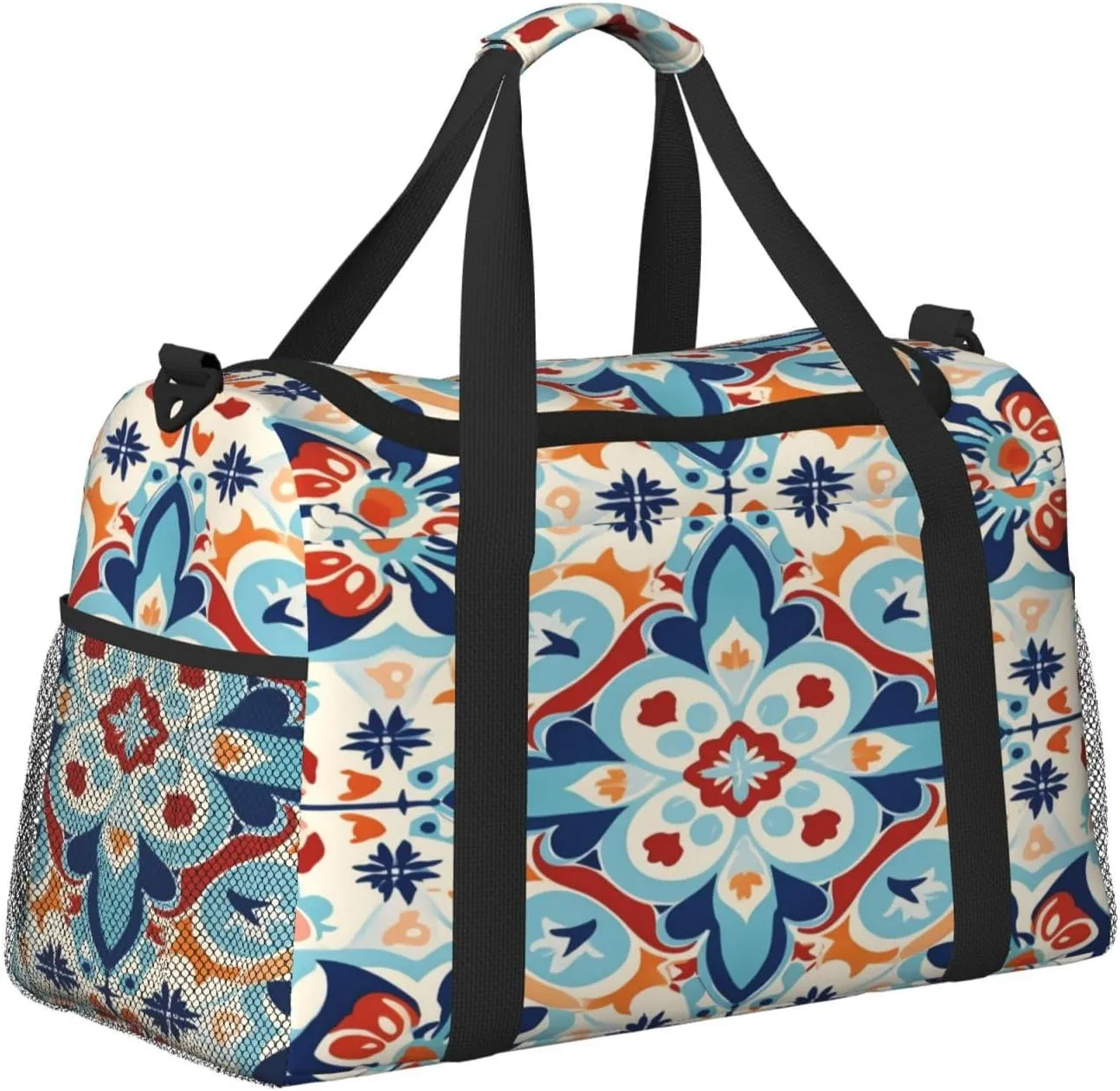 Travel Duffel Bag For Men Women, Ethnic Ceramic Tile Mandala Patchwork Carry On Sport Gym Bag With Shoulder Strap Lightweight Waterproof Weekender Bag Overnight Bag