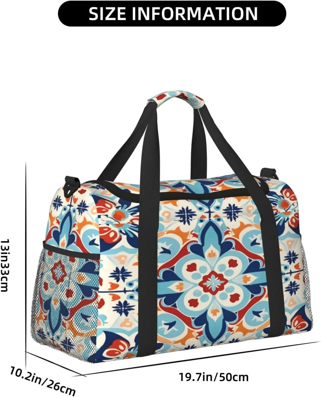 Travel Duffel Bag For Men Women, Ethnic Ceramic Tile Mandala Patchwork Carry On Sport Gym Bag With Shoulder Strap Lightweight Waterproof Weekender Bag Overnight Bag