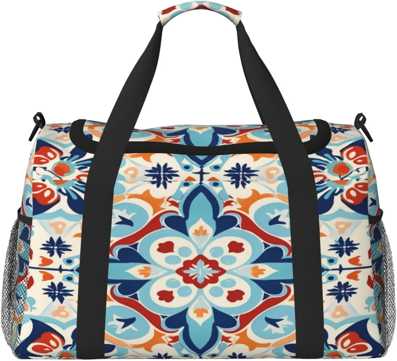 Travel Duffel Bag For Men Women, Ethnic Ceramic Tile Mandala Patchwork Carry On Sport Gym Bag With Shoulder Strap Lightweight Waterproof Weekender Bag Overnight Bag