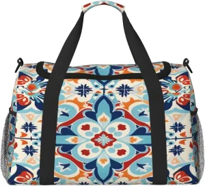 Travel Duffel Bag For Men Women, Ethnic Ceramic Tile Mandala Patchwork Carry On Sport Gym Bag With Shoulder Strap Lightweight Waterproof Weekender Bag Overnight Bag