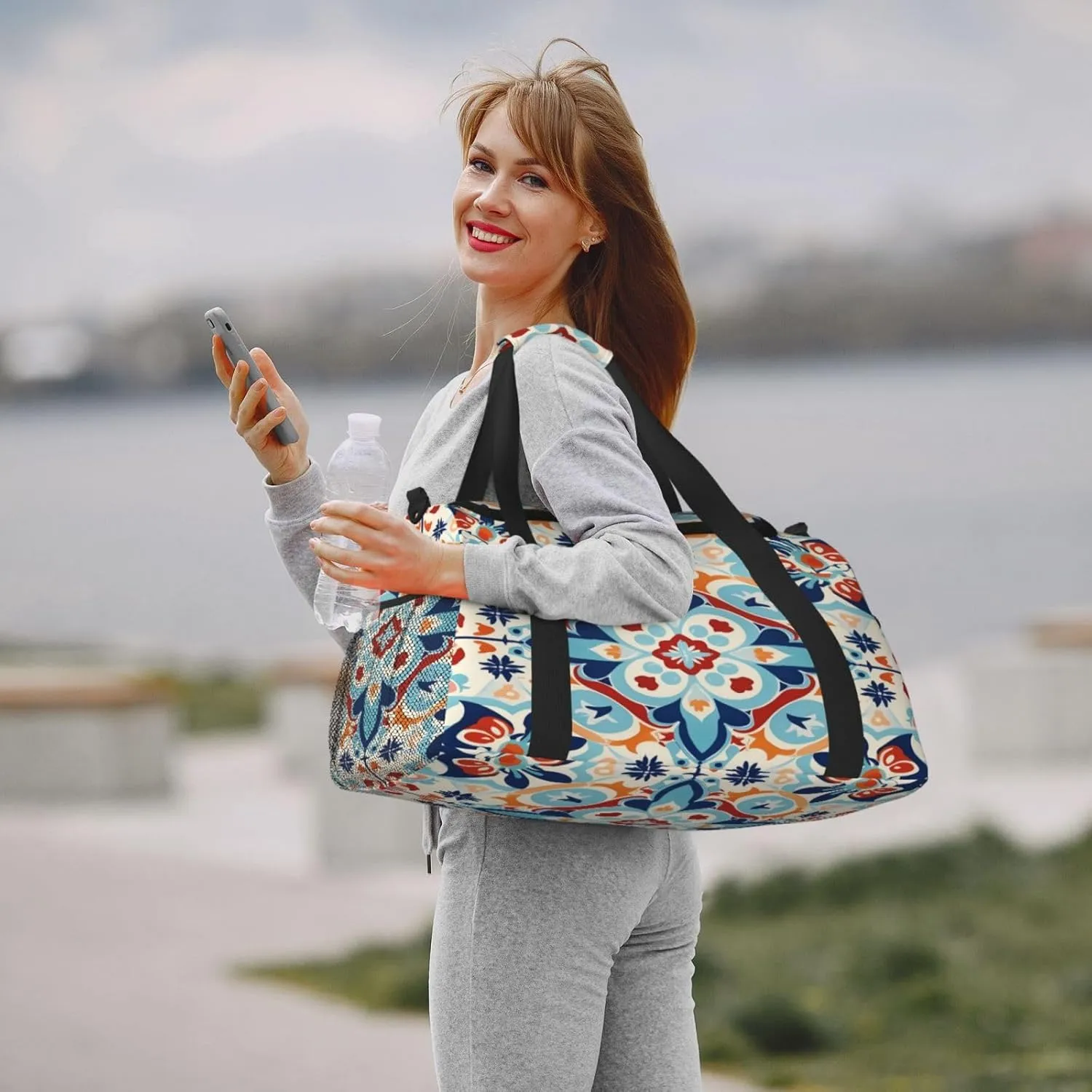 Travel Duffel Bag For Men Women, Ethnic Ceramic Tile Mandala Patchwork Carry On Sport Gym Bag With Shoulder Strap Lightweight Waterproof Weekender Bag Overnight Bag