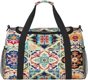 Travel Duffel Bag For Men Women, Vintage Ceramic Tile Ethnic Patchwork Carry On Sport Gym Bag With Shoulder Strap Lightweight Waterproof Weekender Bag Overnight Bag