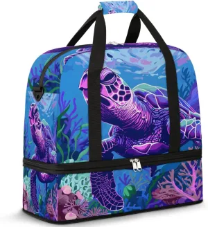 Travel Duffel Bag with Shoe Compartment, Corals Sea Turtle Shoulder Weekender Bags for Women, Foldable Waterproof Travel Bag Carry on Bag