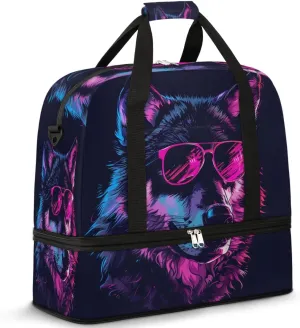 Travel Duffel Bag with Shoe Compartment, Neon Wolf Pattern Shoulder Weekender Bags for Women, Foldable Waterproof Travel Bag Carry on Bag