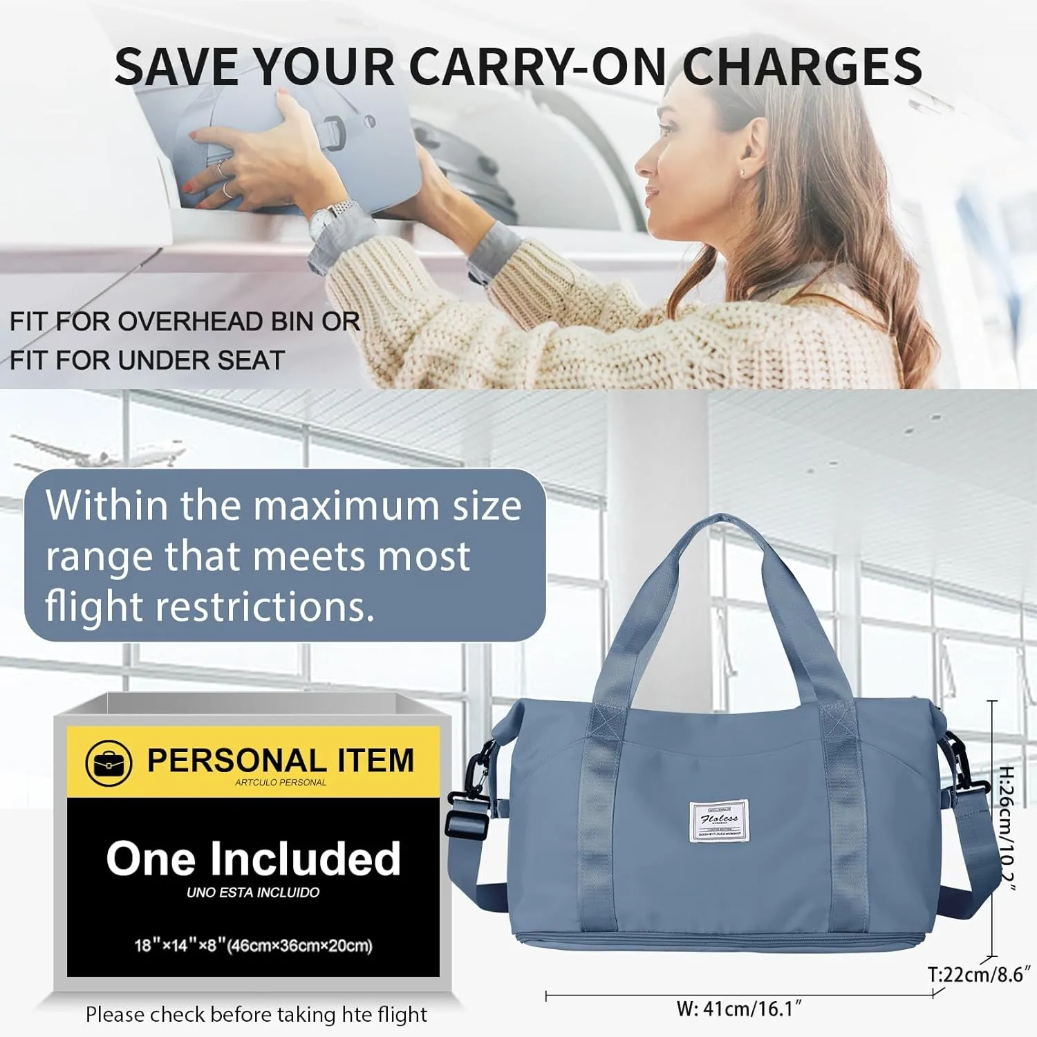 Travel Duffel Bag,Sports Tote Gym For Spirit Airlines Personal Item Bag 18x14x8 Foldable,Carry on Shoulder Expandable Weekender Overnight for Women,JewelBlue