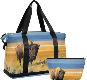 Travel Duffel Gym Sports Luggage Bag Expandable Large Capacity Bison Plain Sports Bag for Women and Men
