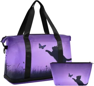 Travel Duffel Gym Sports Luggage Bag Expandable Large Capacity Black Cat Chasing Butterfly Sports Bag for Women and Men