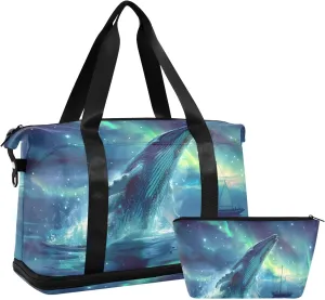 Travel Duffel Gym Sports Luggage Bag Expandable Large Capacity Blue Whale Aurora Sports Bag for Women and Men