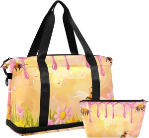 Travel Duffel Gym Sports Luggage Bag Expandable Large Capacity Cartoon Bees Flowers Sports Bag for Women and Men