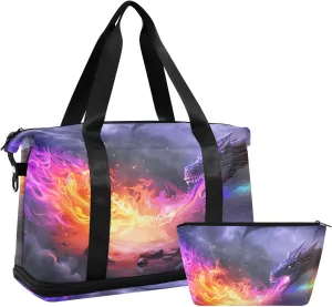 Travel Duffel Gym Sports Luggage Bag Expandable Large Capacity Dragon Fire Sports Bag for Women and Men