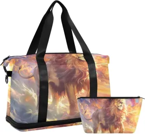 Travel Duffel Gym Sports Luggage Bag Expandable Large Capacity Golden Lion Sports Bag for Women and Men