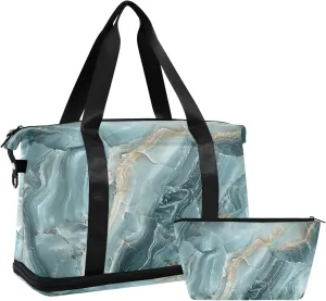 Travel Duffel Gym Sports Luggage Bag Expandable Large Capacity Green Marble with A Hint Of Gold Sports Bag for Women and Men