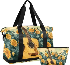 Travel Duffel Gym Sports Luggage Bag Expandable Large Capacity Guitar Yellow Rose Sports Bag for Women and Men